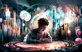 Illustration principale représentant un jeune homme en état d'auto-hypnose les mains jointes, émergeant dans un décor urbain onirique
