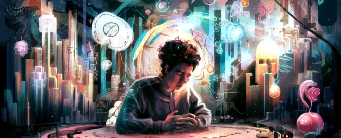 Illustration principale représentant un jeune homme en état d'auto-hypnose les mains jointes, émergeant dans un décor urbain onirique