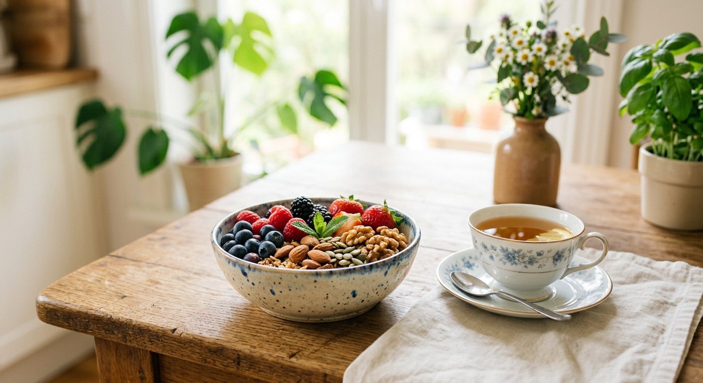 Un bol de petit-déjeuner sain et lumineux rempli de baies fraîches (myrtilles, framboises, mûres) et d'amandes, posé sur une table en bois naturel avec une tasse de thé à côté.